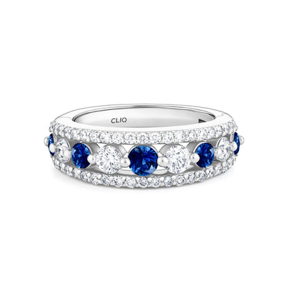 Addilyn Tapered Three Row Diamond + Sapphire Band